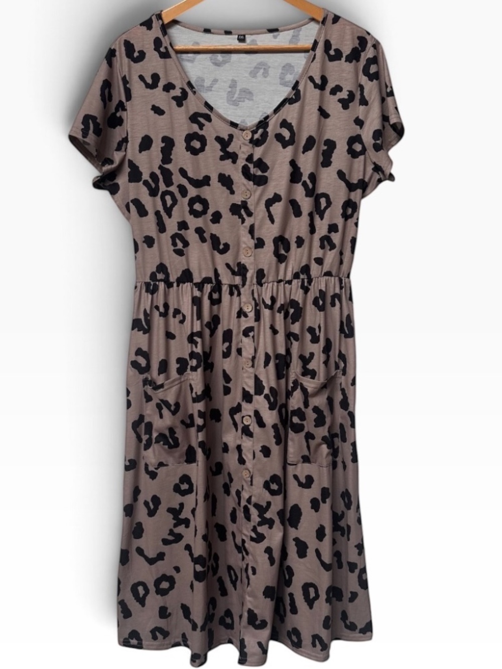 Leopard Print Short Sleeve V-Neck Midi Dress with Pockets | Size XXL